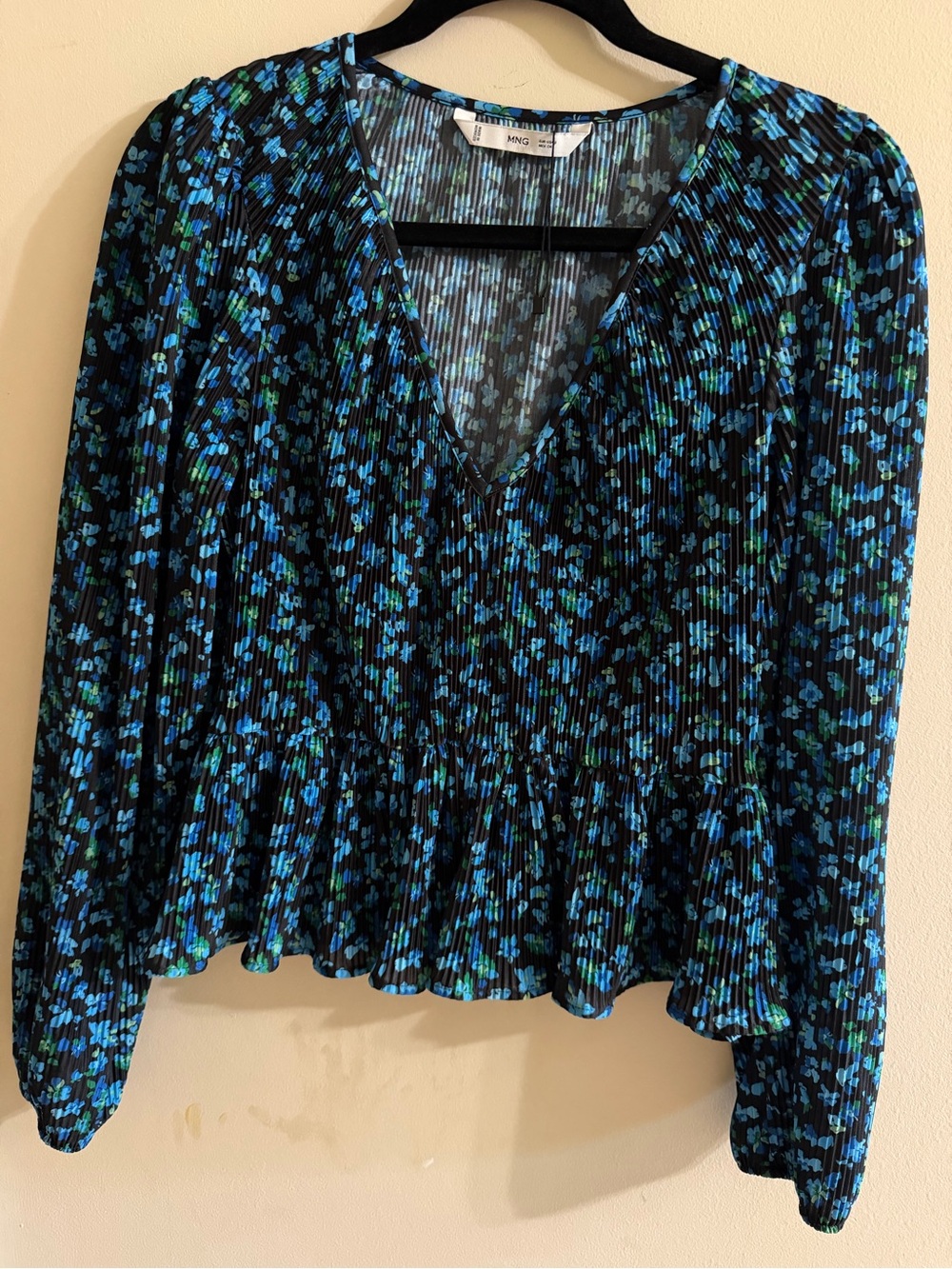 Mango Black V-Neck Pleated Floral Blouse with Blue and Green Print